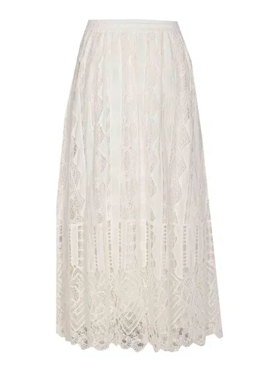 Pinko Flowing Maxi Skirt With Intricate Lace Detailing In White
