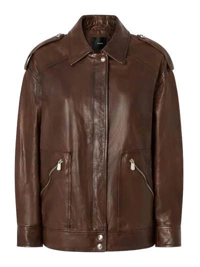 Pinko Washed Leather Jacket With Collar In Brown
