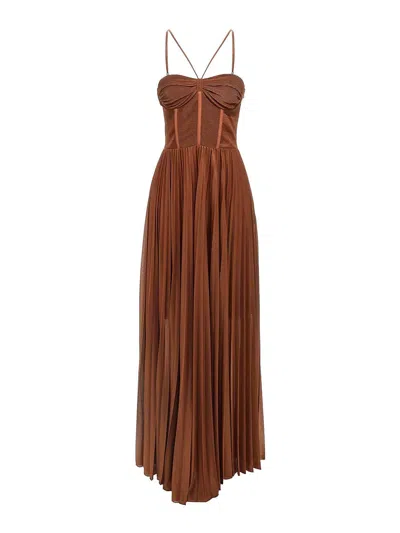 Pinko Plissé Maxi Dress In Brown