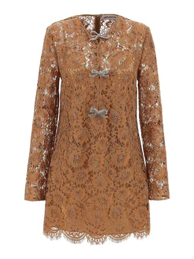 Self-portrait Womens Tan Lace Bow-embellished Woven Mini Dress