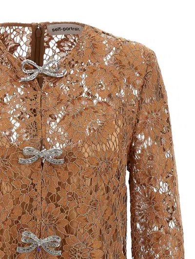 Self-portrait Womens Tan Lace Bow-embellished Woven Mini Dress