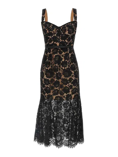 Self-portrait Black Fine Lace Midi Dress In Black
