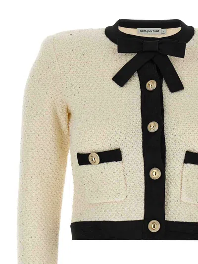 Self-portrait Women Cardigan With Bow And Sequins In Neutral