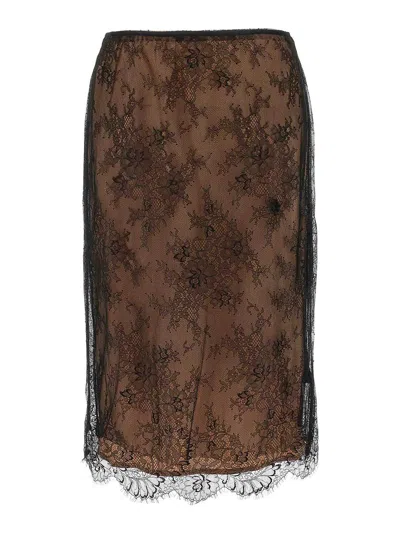 Self-portrait Lace Overlay Sheer Midi Skirt With Slit