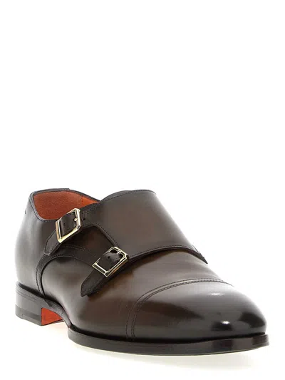 Santoni Double Buckle Moccasin In Brown Leather In Brown