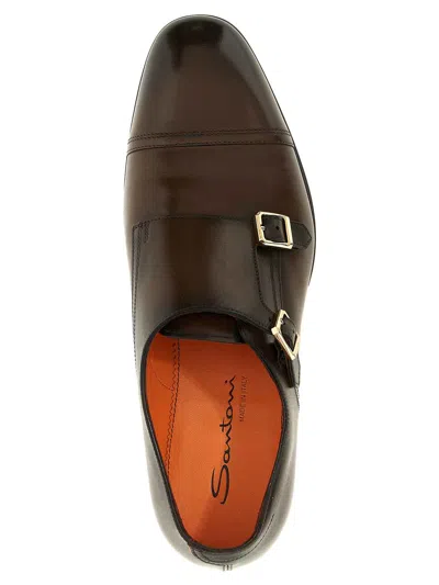 Santoni Double Buckle Moccasin In Brown Leather In Brown