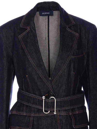 Sportmax Waist Belted Longline Jacket With Notched Lapels In Blue