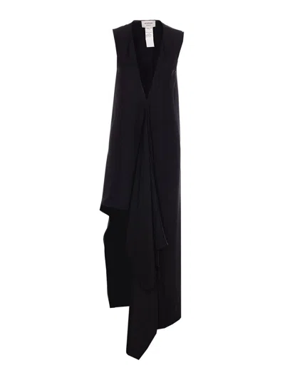 Sportmax Sport Max Long Asymmetrical Viscose Twill Dress In Black