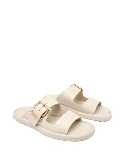 Tod's Wide Strap Buckle Leather Sandals In White