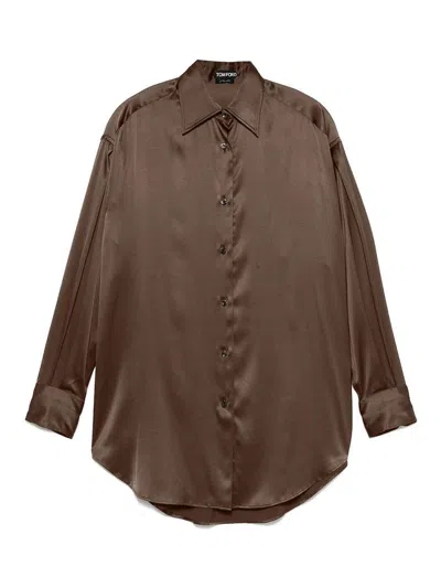 Tom Ford Fluid Charmeuse Silk Shirt In Brown