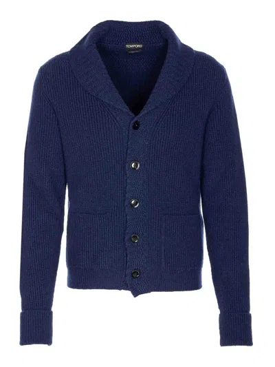 Tom Ford Silk Cardigan With Front Pockets And Shawl Collar In Blue