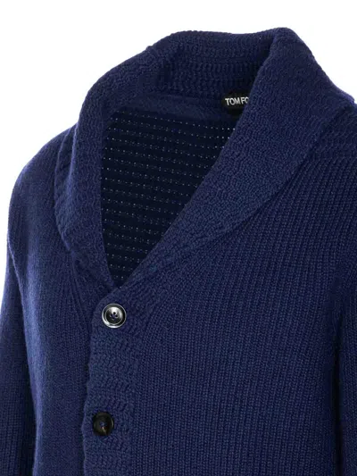 Tom Ford Silk Cardigan With Front Pockets And Shawl Collar In Blue