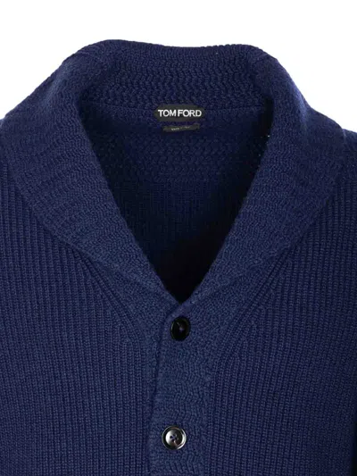Tom Ford Silk Cardigan With Front Pockets And Shawl Collar In Blue