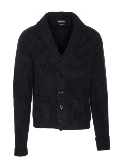 Tom Ford Cashmere Knit Sweater With Buffalo Horn Buttons And Shawl Collar In Blue