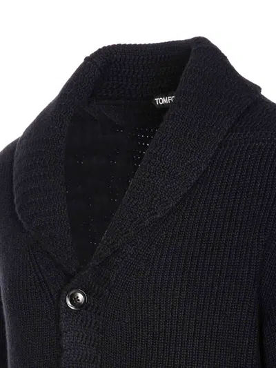 Tom Ford Cashmere Knit Sweater With Buffalo Horn Buttons And Shawl Collar In Blue