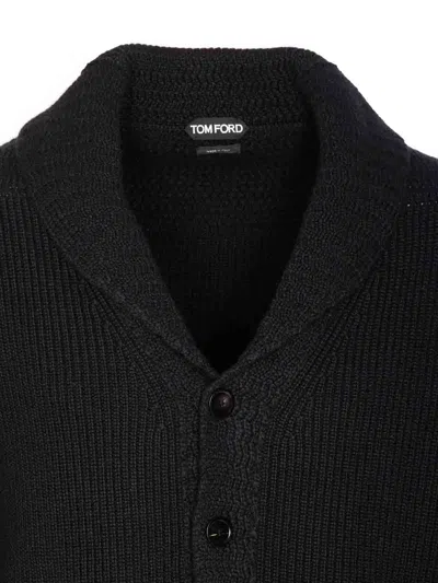 Tom Ford Cashmere Knit Sweater With Buffalo Horn Buttons And Shawl Collar In Blue