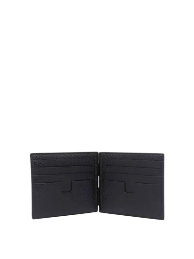 Tom Ford Black Soft Grain Leather Money Clip Wallet In Blue
