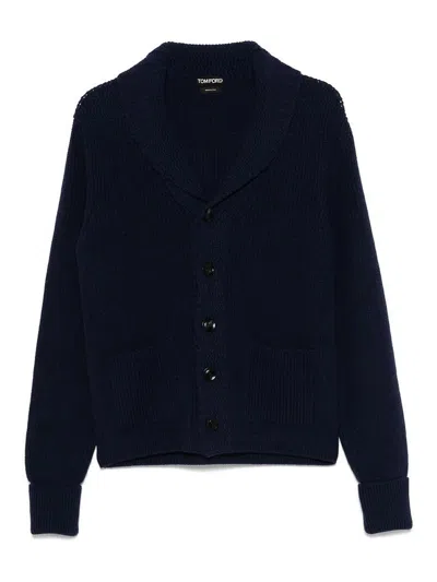 Tom Ford Cashmere Knit Sweater With Buffalo Horn Buttons And Shawl Collar In Black