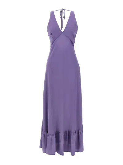 Twinset Twin-set Deep V-neck Maxi Dress With Flounced Hem In Purple