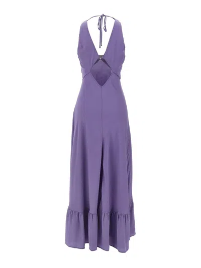 Twinset Twin-set Deep V-neck Maxi Dress With Flounced Hem In Purple