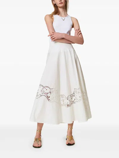 Twinset Twin-set Flared Cotton Poplin Sangallo Skirt In White