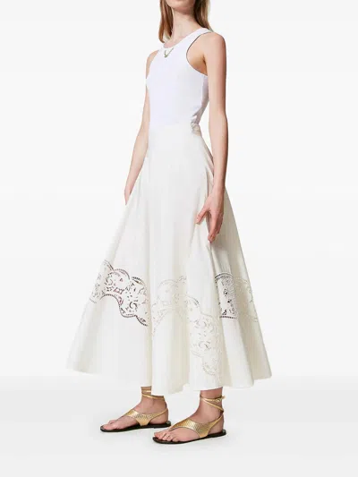 Twinset Twin-set Flared Cotton Poplin Sangallo Skirt In White