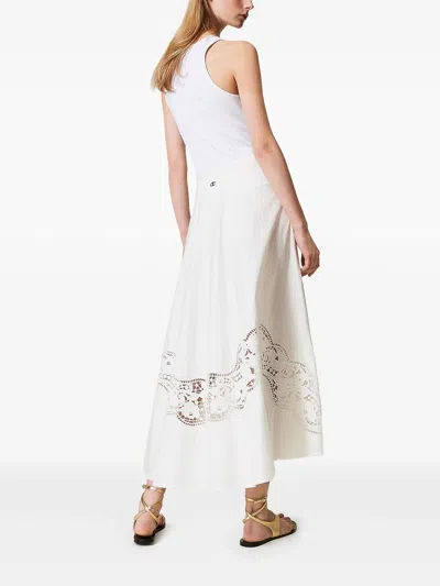 Twinset Twin-set Flared Cotton Poplin Sangallo Skirt In White