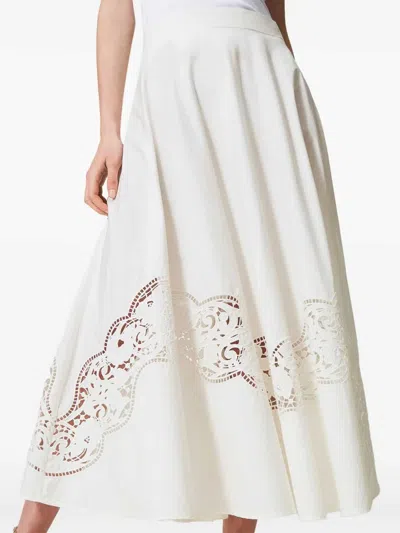 Twinset Twin-set Flared Cotton Poplin Sangallo Skirt In White