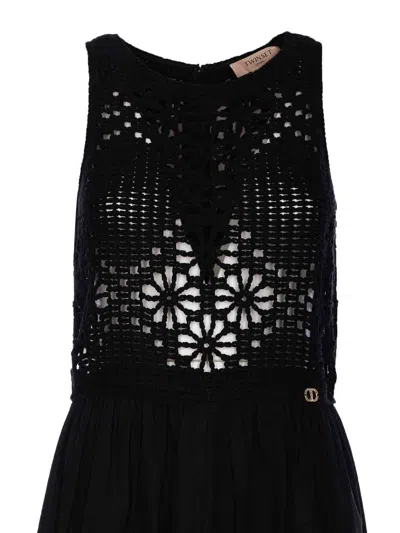 Twinset Crochet-panelled Maxi Dress In Black