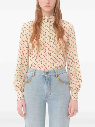 Valentino Crepe De Chine Shirt With Cherryfic Print In Neutral