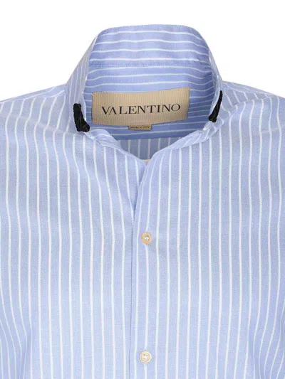 Valentino Cotton Shirt With Striped Pattern And Embroidered Motif In Blue