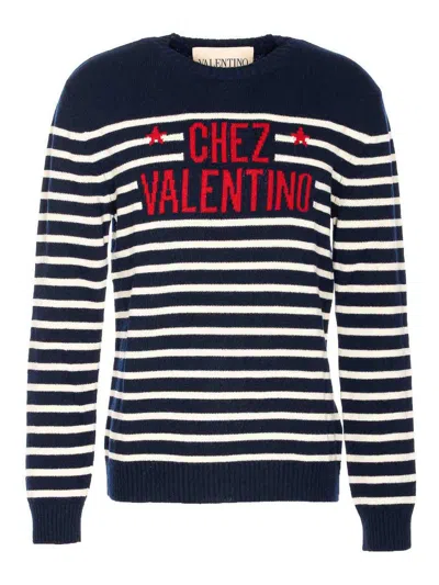 Valentino Garavani Crewneck Sweater With Bold Jacquard Motif In Blue