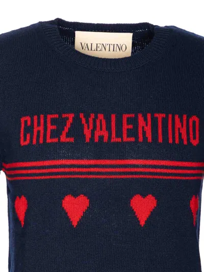 Valentino Wool Sweater Heart Motif In Blue