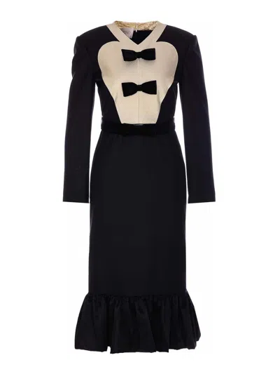 Valentino Belted Bow-embellished Velvet And Ottoman-trimmed Wool Midi Dress In Black
