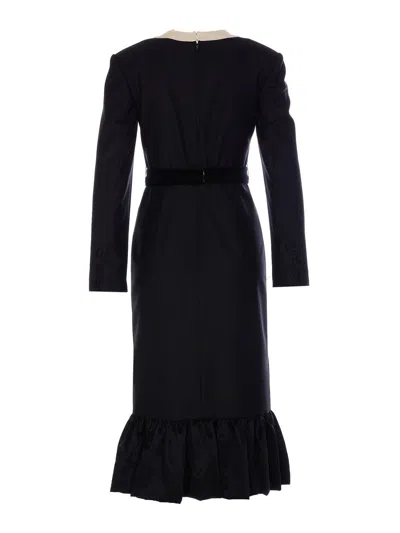 Valentino Belted Bow-embellished Velvet And Ottoman-trimmed Wool Midi Dress In Black
