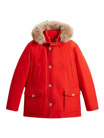 Woolrich Hooded Quilted Jackets Front Pockets In Red