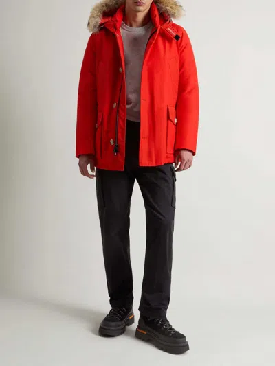 Woolrich Hooded Quilted Jackets Front Pockets In Red