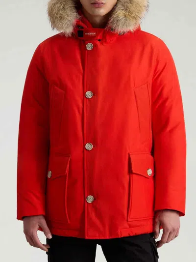 Woolrich Hooded Quilted Jackets Front Pockets In Red