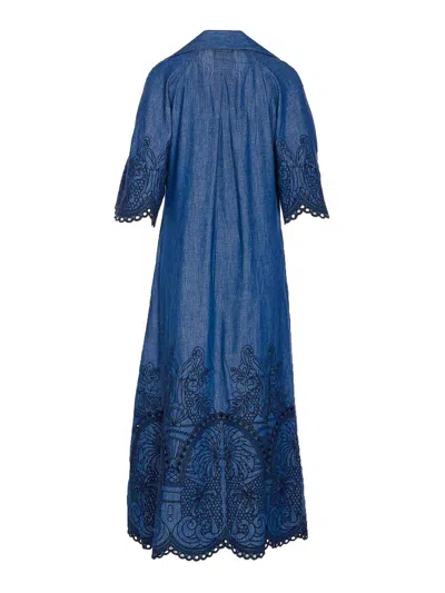Zimmermann Coco Embroidered Denim Long Dress In Blue