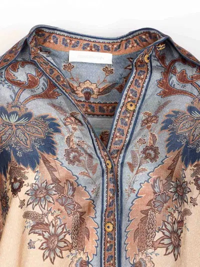 Zimmermann Womens Blue Cream Indienne Ascension Manstyle Graphic-pattern Silk Shirt