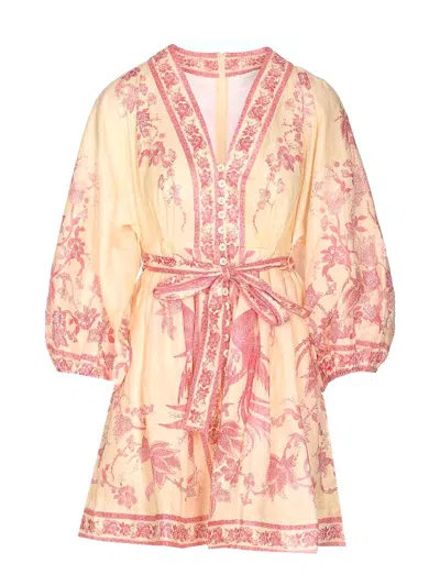 Zimmermann Lucky Pink Mini Dress With V Neck And All-over Floral Print In Linen Woman