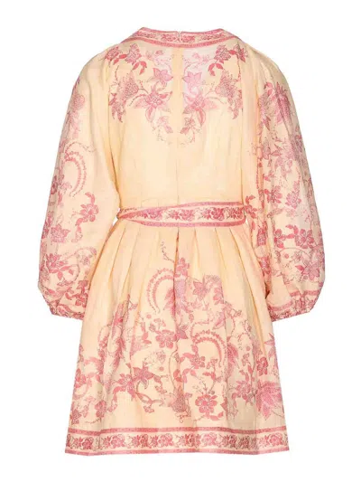 Zimmermann Lucky Pink Mini Dress With V Neck And All-over Floral Print In Linen Woman