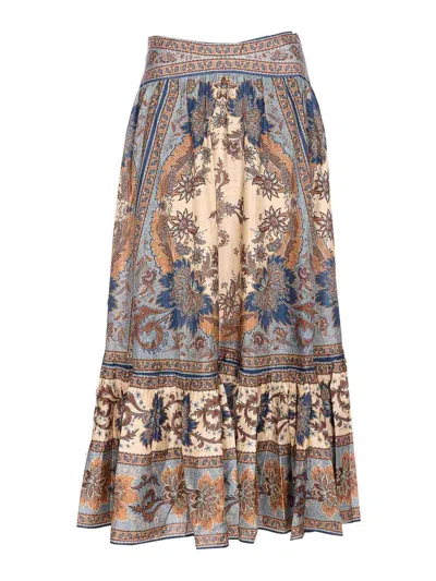 Zimmermann Womens Blue Cream Indienne Ascension Tiered Silk Midi Skirt Xs