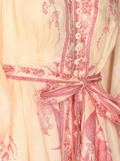 Zimmermann Lucky Pink Mini Dress With V Neck And All-over Floral Print In Linen Woman