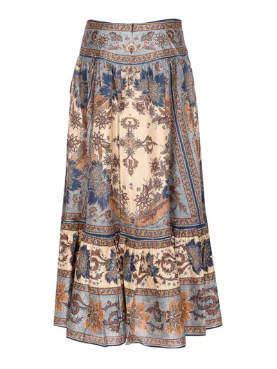 Zimmermann Womens Blue Cream Indienne Ascension Tiered Silk Midi Skirt Xs