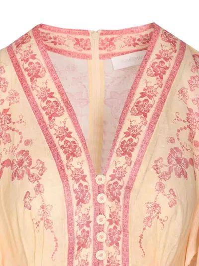 Zimmermann Lucky Pink Mini Dress With V Neck And All-over Floral Print In Linen Woman