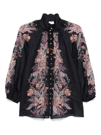 Zimmermann Rhiannon Billow Blue Blouse With High Neck And All-over Paisley Print In Ramie Woman In Black