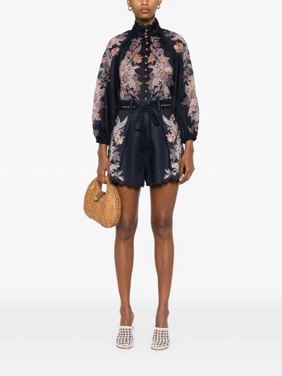 Zimmermann Rhiannon Billow Blue Blouse With High Neck And All-over Paisley Print In Ramie Woman In Black