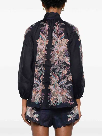 Zimmermann Rhiannon Billow Blue Blouse With High Neck And All-over Paisley Print In Ramie Woman In Black