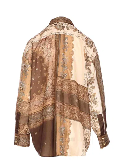 Zimmermann Lucky Brown Shirt With Classic Collar And All-over Floral Print In Silk Woman